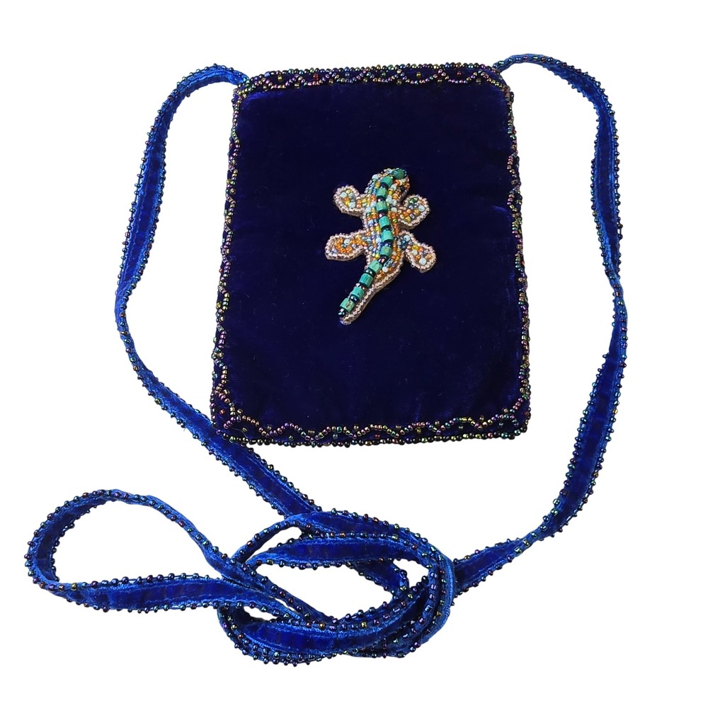 Vintage Beaded Velvet Evening Bag Lizard Design Handmade Boho Art Deco Purse